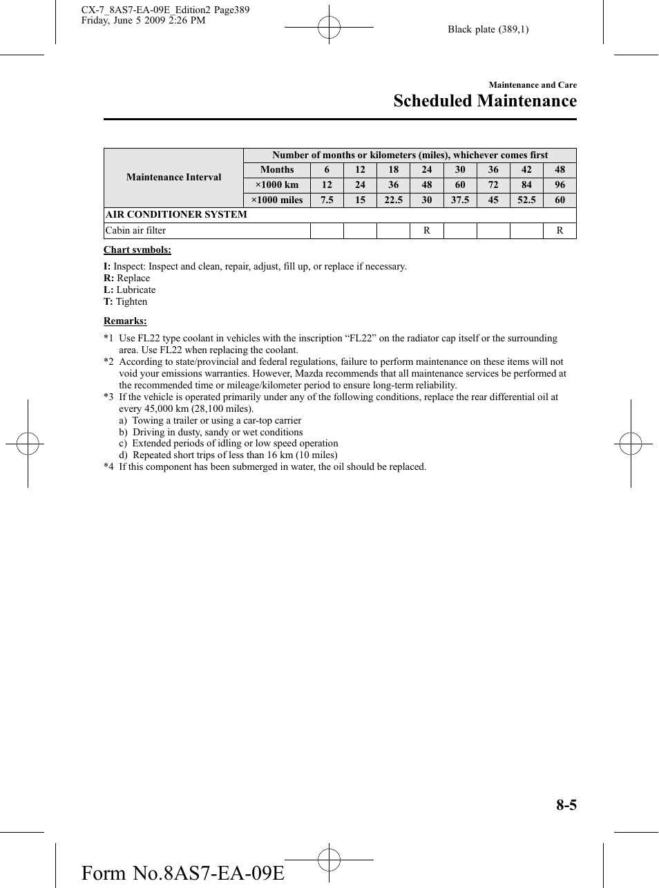 Form no.8as7-ea-09e, Scheduled maintenance | Mazda 2010 CX-7 User Manual | Page 389 / 510