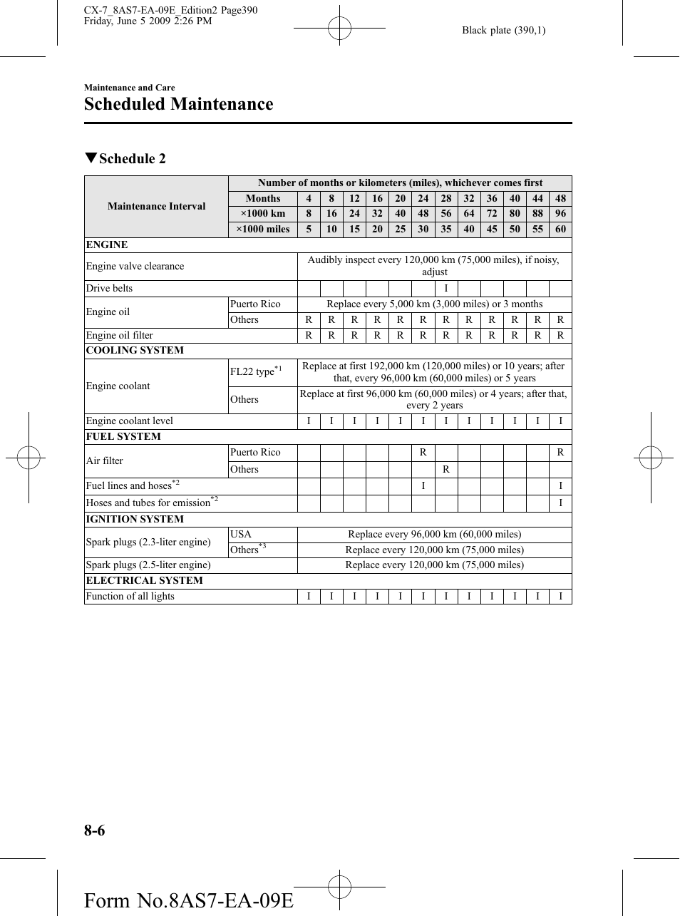 Form no.8as7-ea-09e, Scheduled maintenance, Qschedule 2 | Mazda 2010 CX-7 User Manual | Page 390 / 510