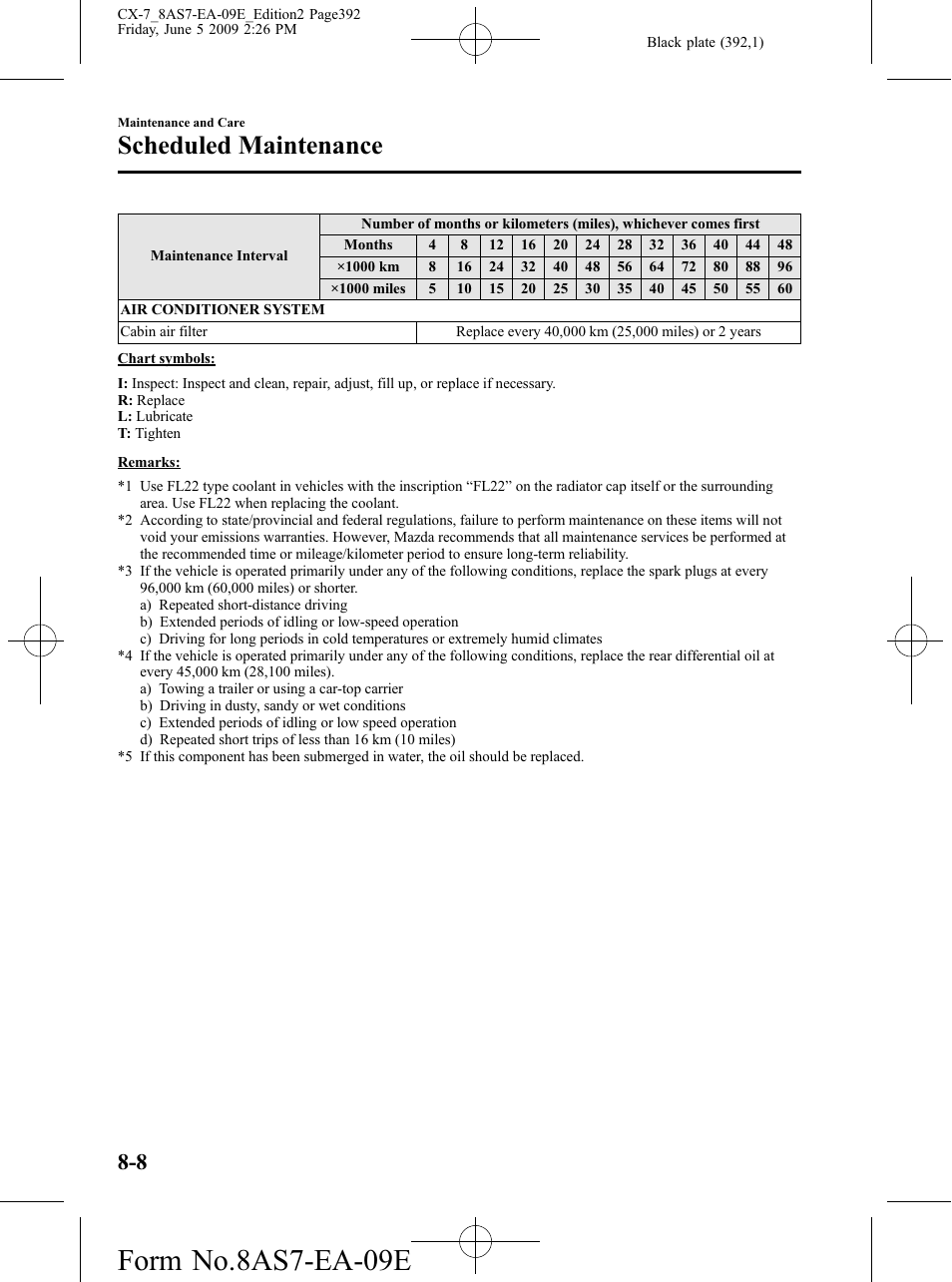 Form no.8as7-ea-09e, Scheduled maintenance | Mazda 2010 CX-7 User Manual | Page 392 / 510