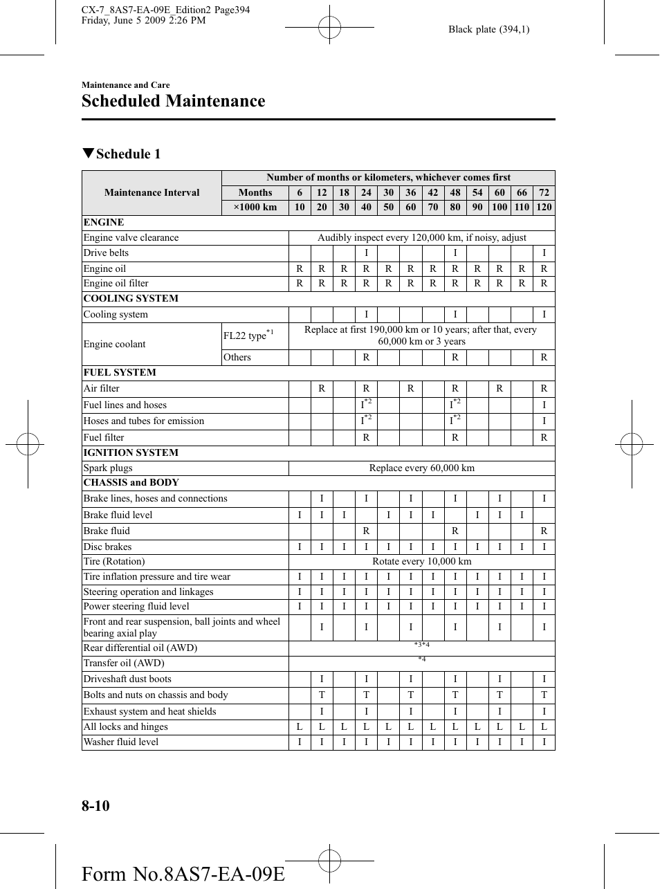 Form no.8as7-ea-09e, Scheduled maintenance, Qschedule 1 | Mazda 2010 CX-7 User Manual | Page 394 / 510
