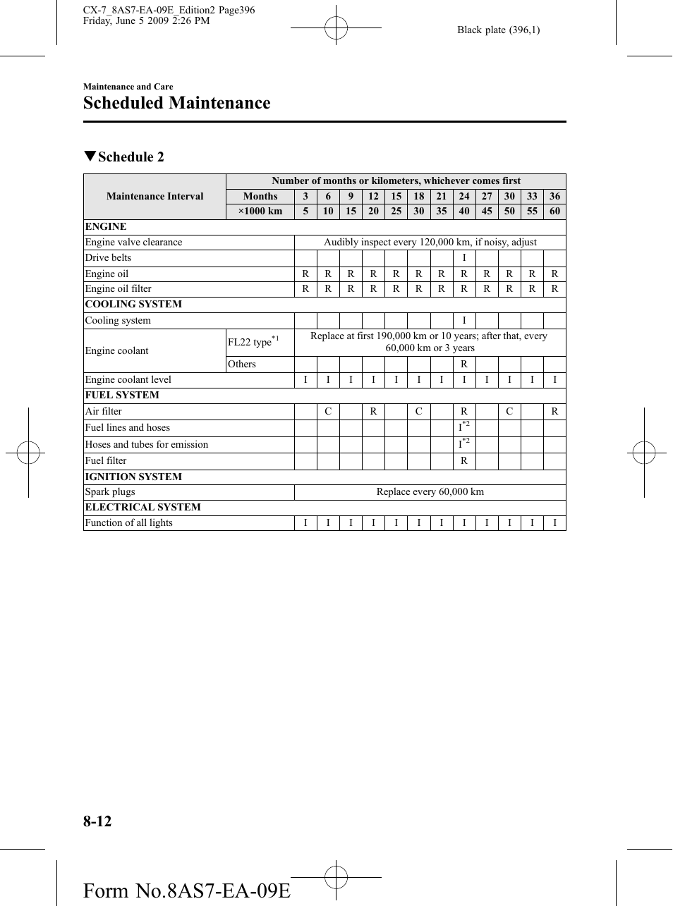 Form no.8as7-ea-09e, Scheduled maintenance, Qschedule 2 | Mazda 2010 CX-7 User Manual | Page 396 / 510