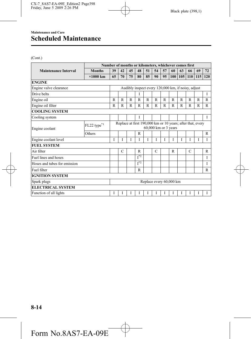 Form no.8as7-ea-09e, Scheduled maintenance | Mazda 2010 CX-7 User Manual | Page 398 / 510