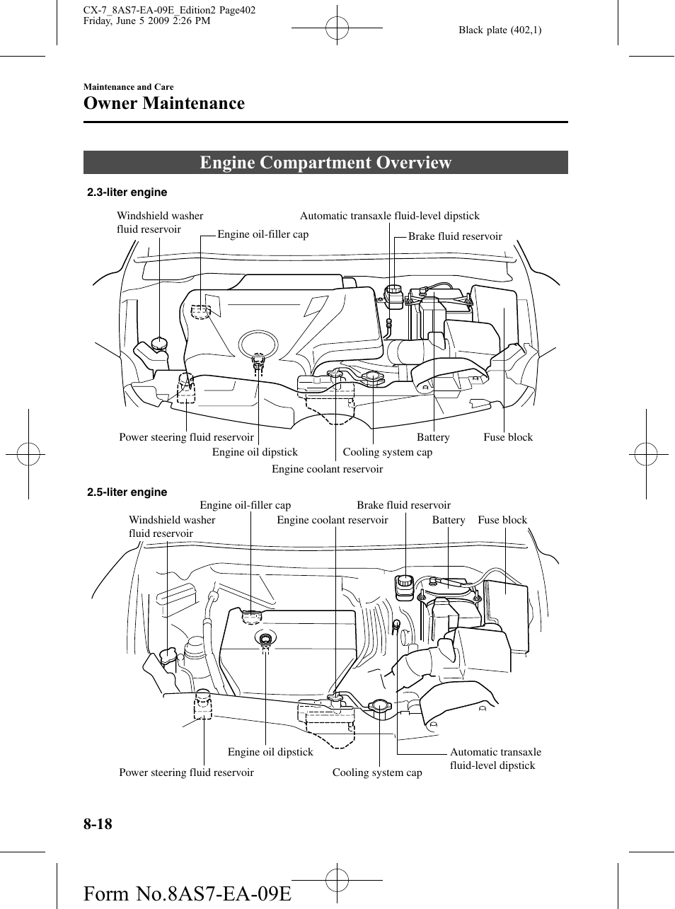 Engine compartment overview, Engine compartment overview -18, Form no.8as7-ea-09e | Owner maintenance | Mazda 2010 CX-7 User Manual | Page 402 / 510