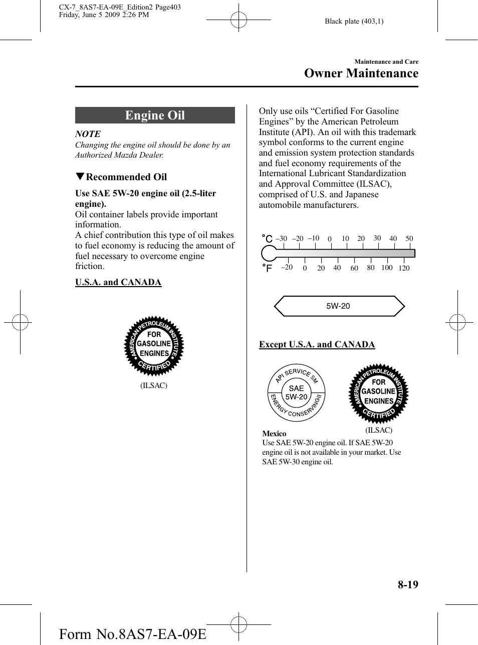 Engine oil, Engine oil -19, Form no.8as7-ea-09e | Owner maintenance | Mazda 2010 CX-7 User Manual | Page 403 / 510