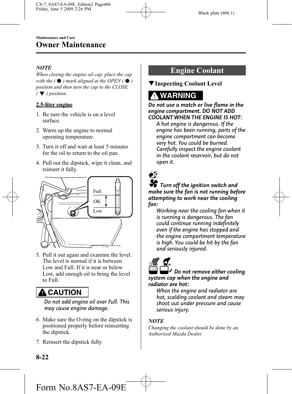 Engine coolant, Engine coolant -22, Form no.8as7-ea-09e | Owner maintenance, Caution, Warning | Mazda 2010 CX-7 User Manual | Page 406 / 510