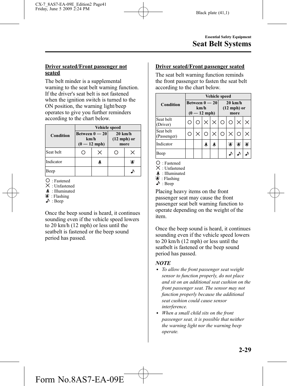 Form no.8as7-ea-09e, Seat belt systems | Mazda 2010 CX-7 User Manual | Page 41 / 510