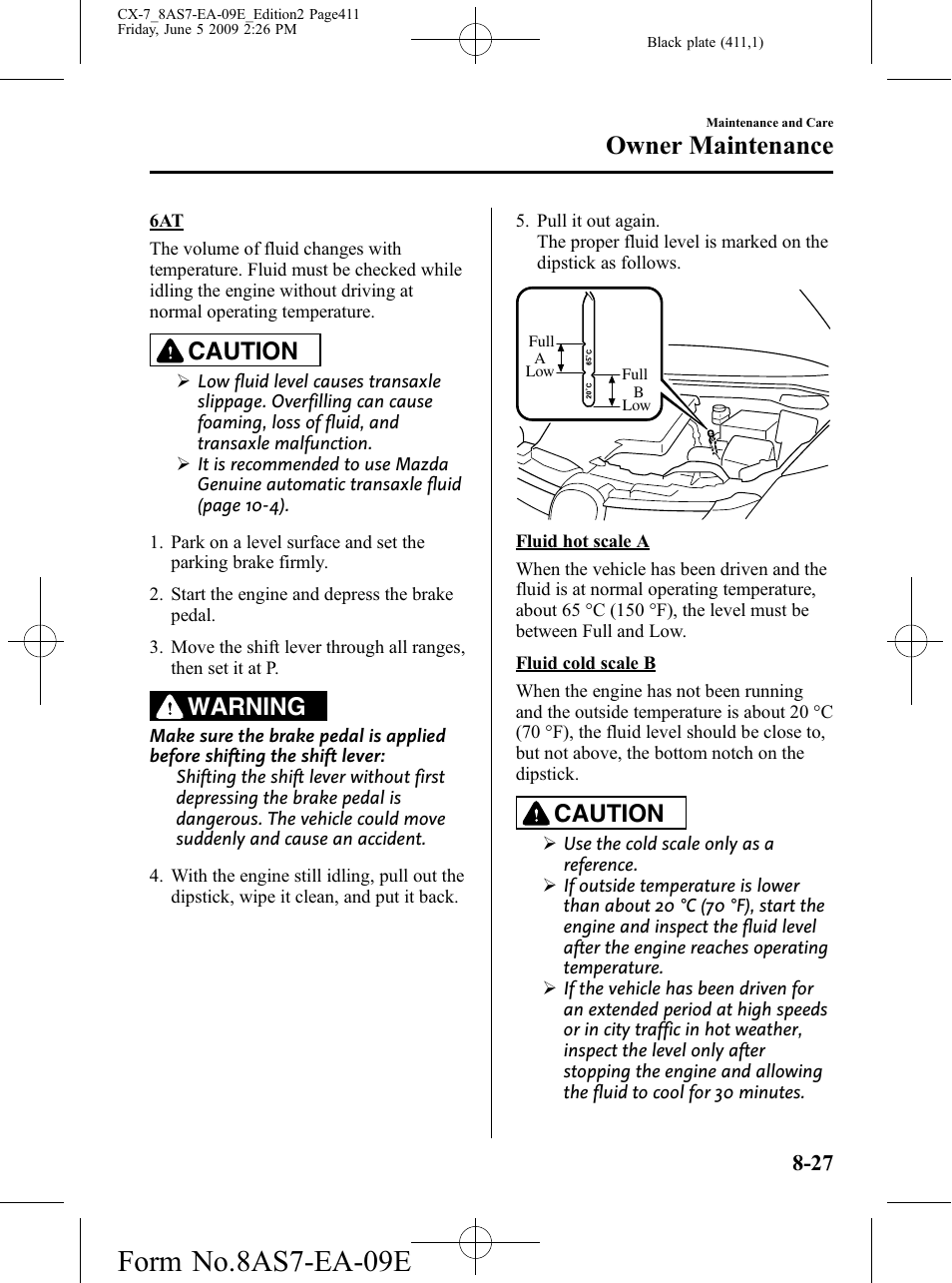 Form no.8as7-ea-09e, Owner maintenance, Caution | Warning | Mazda 2010 CX-7 User Manual | Page 411 / 510