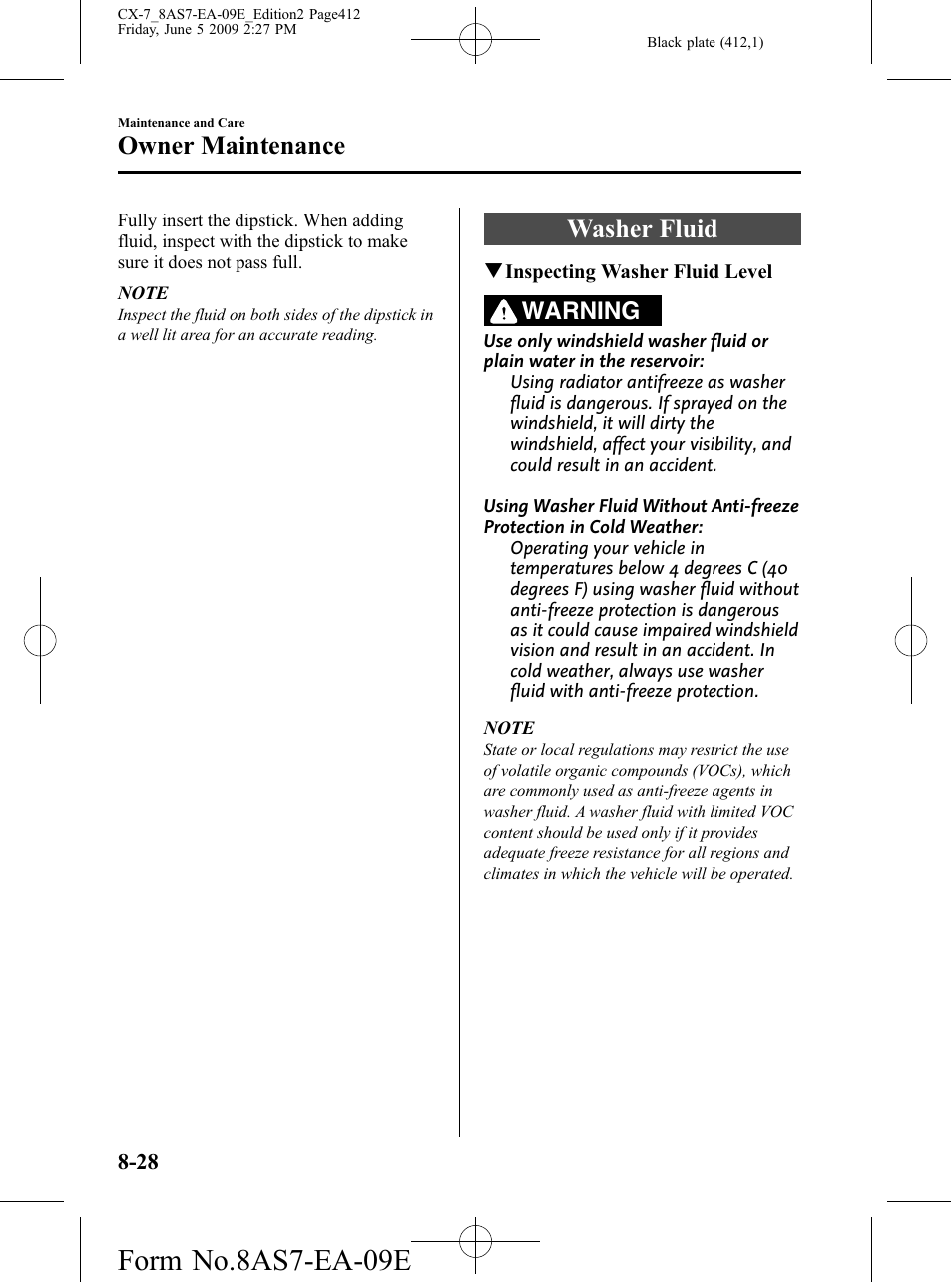 Washer fluid, Washer fluid -28, Form no.8as7-ea-09e | Owner maintenance, Warning | Mazda 2010 CX-7 User Manual | Page 412 / 510