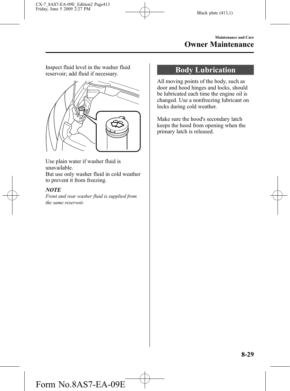 Body lubrication, Body lubrication -29, Form no.8as7-ea-09e | Owner maintenance | Mazda 2010 CX-7 User Manual | Page 413 / 510