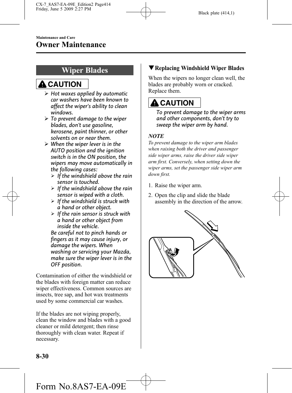 Wiper blades, Wiper blades -30, Form no.8as7-ea-09e | Owner maintenance, Caution | Mazda 2010 CX-7 User Manual | Page 414 / 510