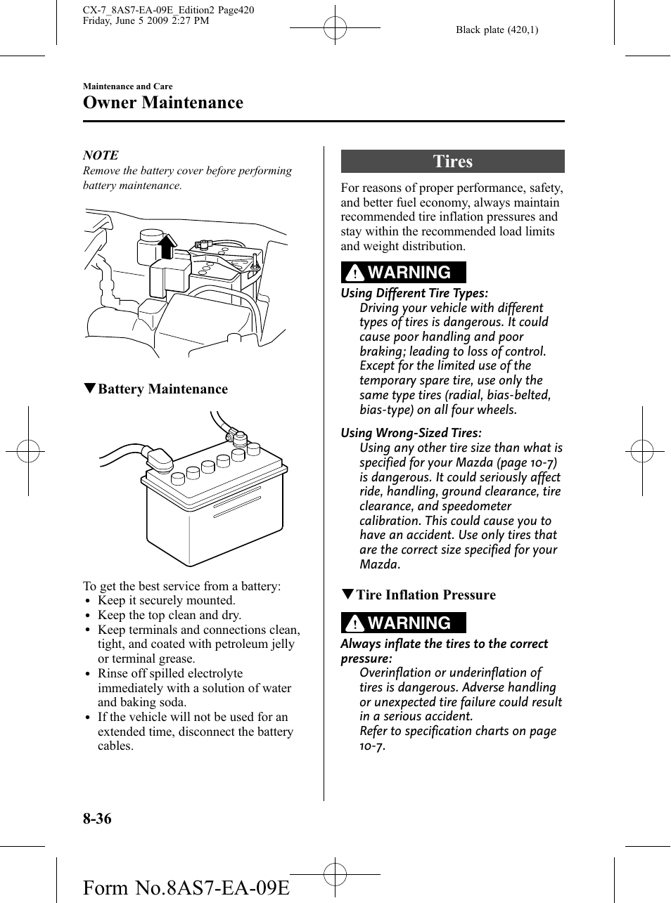 Tires, Tires -36, Form no.8as7-ea-09e | Owner maintenance, Warning | Mazda 2010 CX-7 User Manual | Page 420 / 510