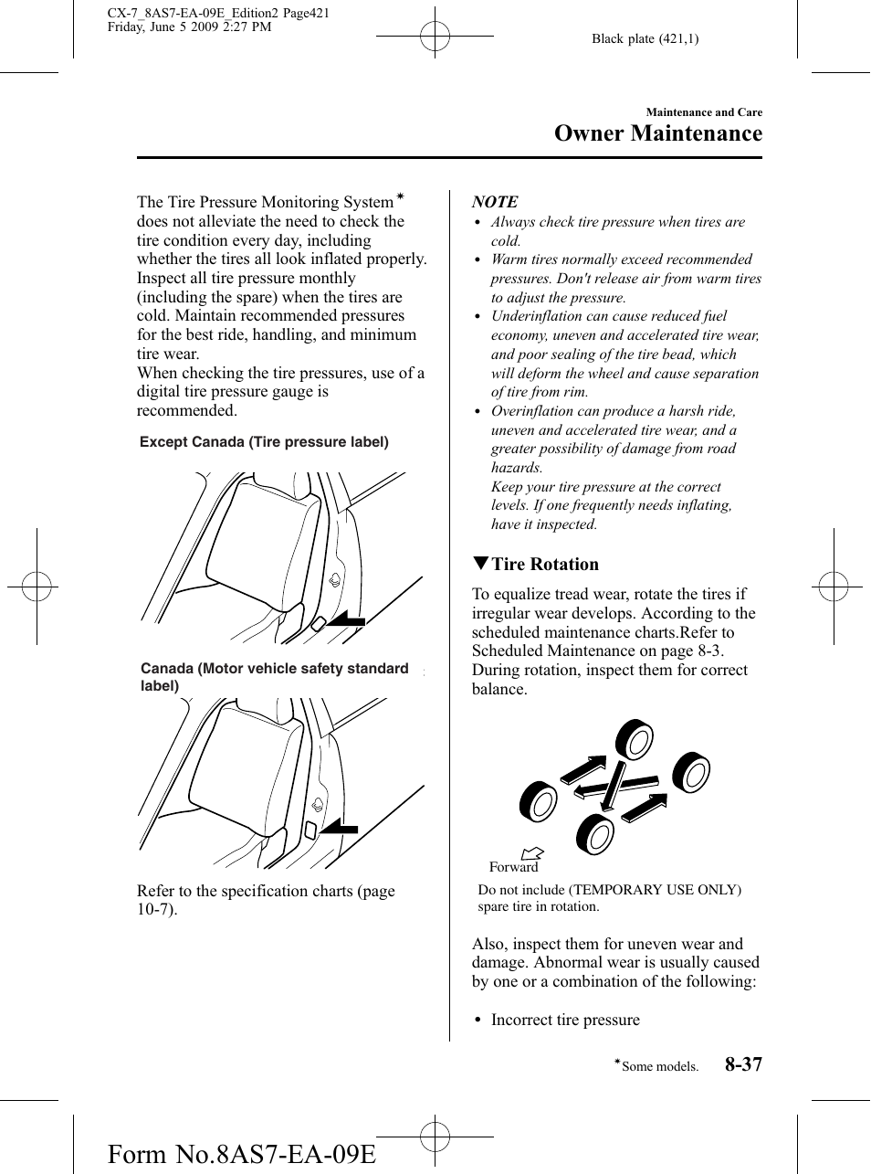 Form no.8as7-ea-09e, Owner maintenance, Qtire rotation | Mazda 2010 CX-7 User Manual | Page 421 / 510