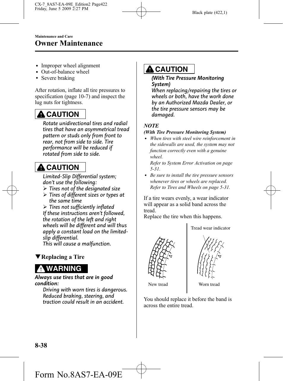 Form no.8as7-ea-09e, Owner maintenance, Caution | Warning | Mazda 2010 CX-7 User Manual | Page 422 / 510