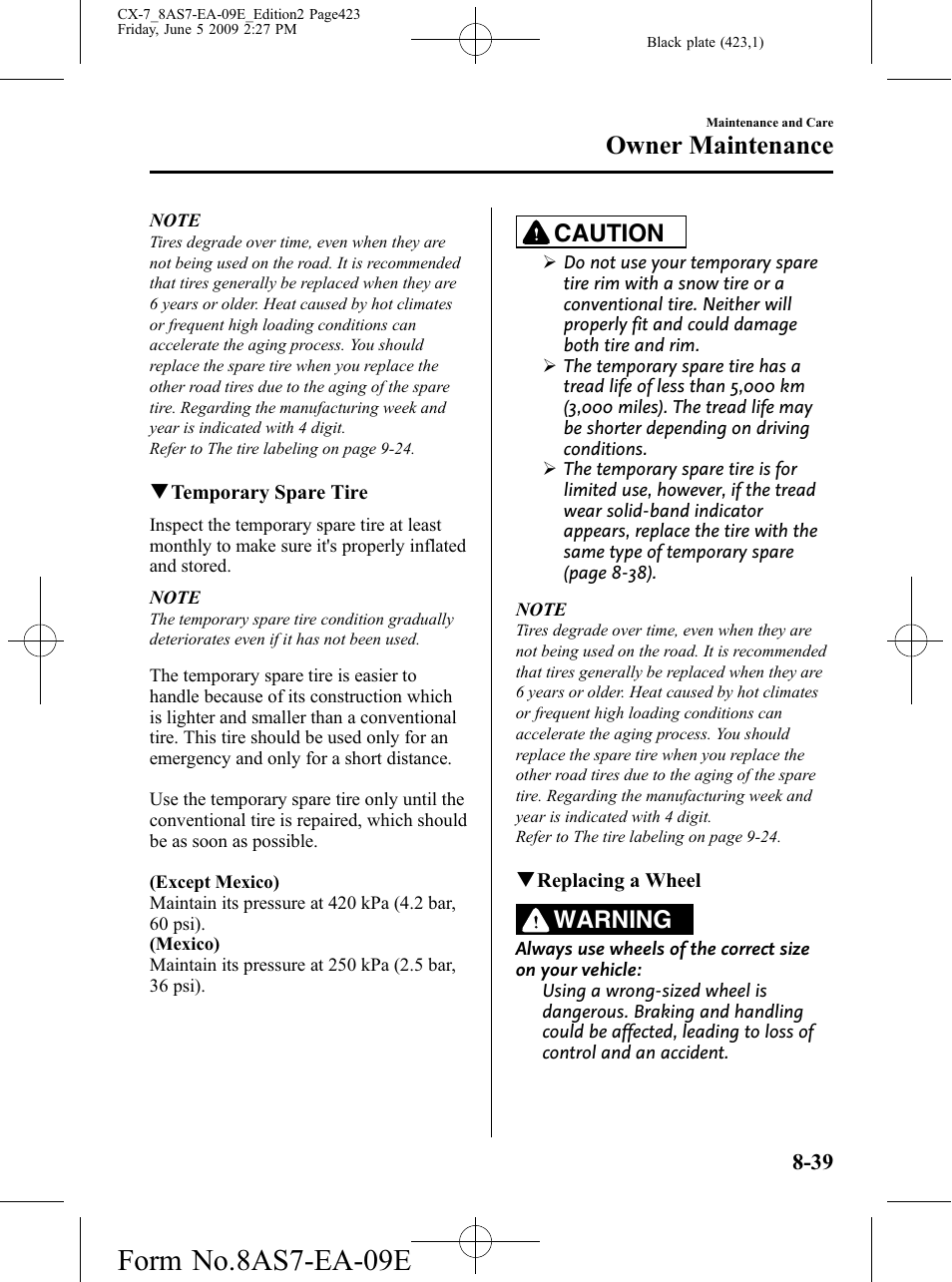 Form no.8as7-ea-09e, Owner maintenance, Caution | Warning | Mazda 2010 CX-7 User Manual | Page 423 / 510