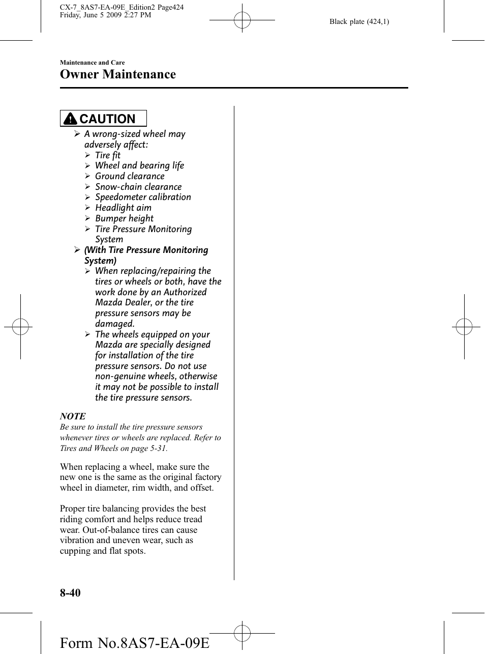 Form no.8as7-ea-09e, Owner maintenance, Caution | Mazda 2010 CX-7 User Manual | Page 424 / 510