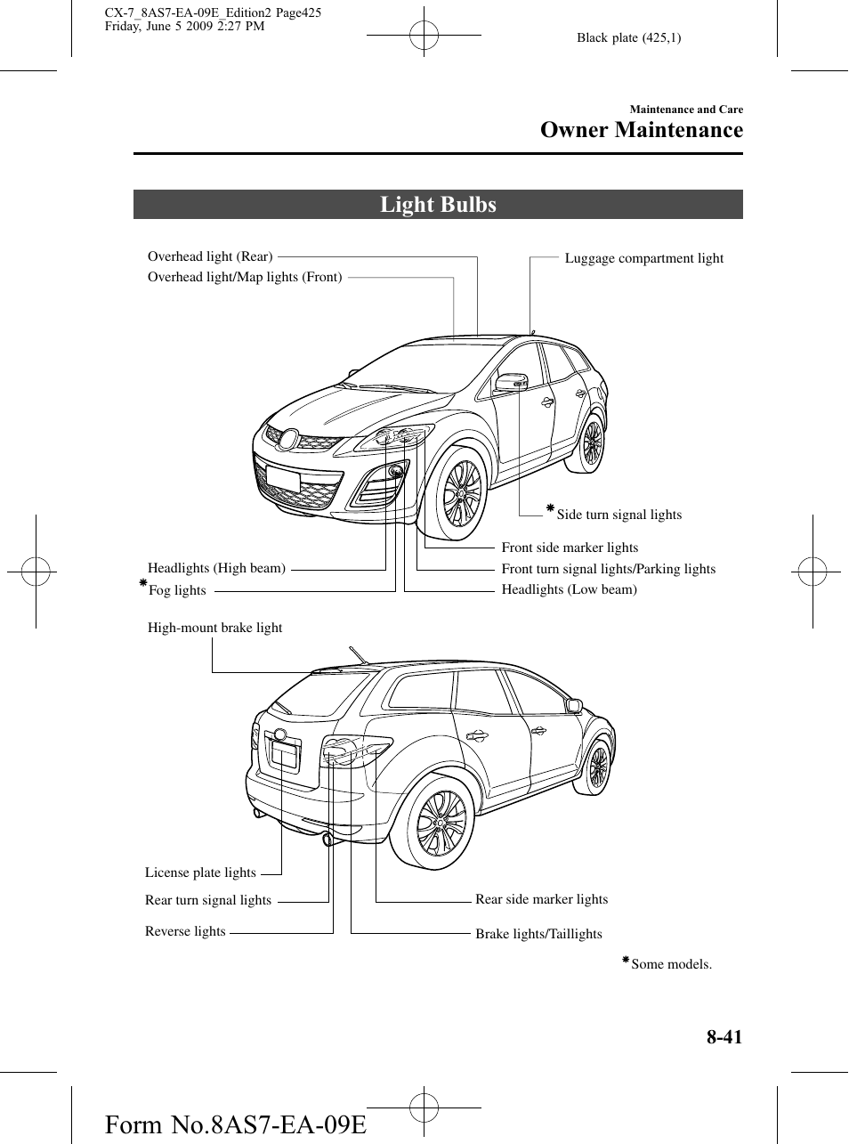 Light bulbs, Light bulbs -41, Form no.8as7-ea-09e | Owner maintenance | Mazda 2010 CX-7 User Manual | Page 425 / 510