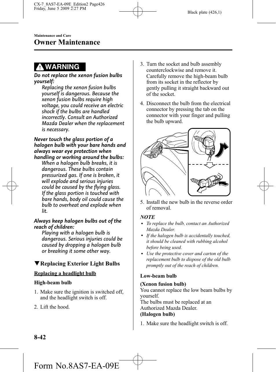 Form no.8as7-ea-09e, Owner maintenance, Warning | Mazda 2010 CX-7 User Manual | Page 426 / 510