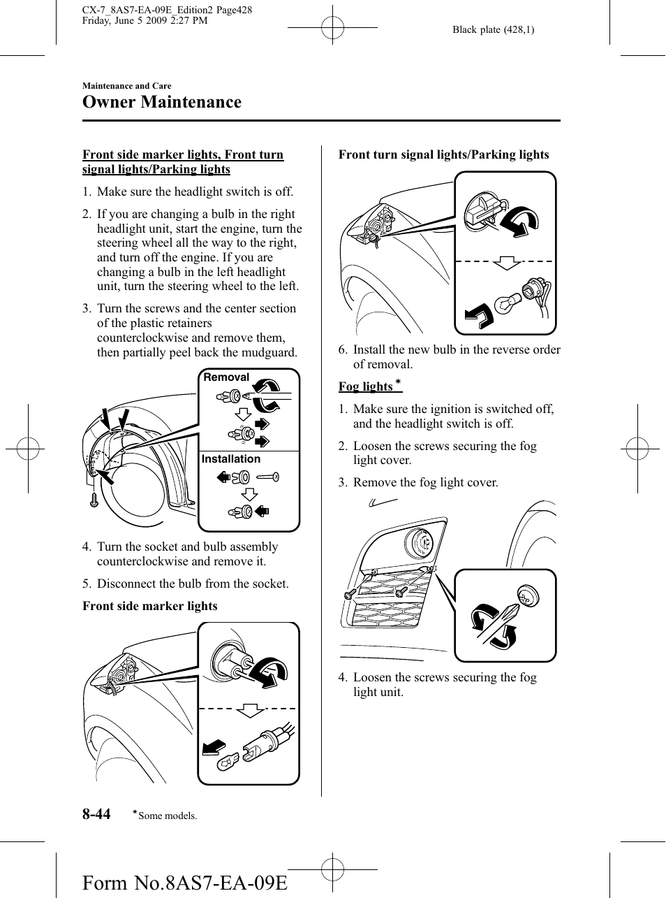 Form no.8as7-ea-09e, Owner maintenance | Mazda 2010 CX-7 User Manual | Page 428 / 510