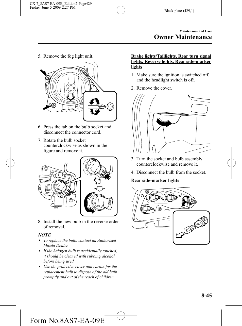 Form no.8as7-ea-09e, Owner maintenance | Mazda 2010 CX-7 User Manual | Page 429 / 510