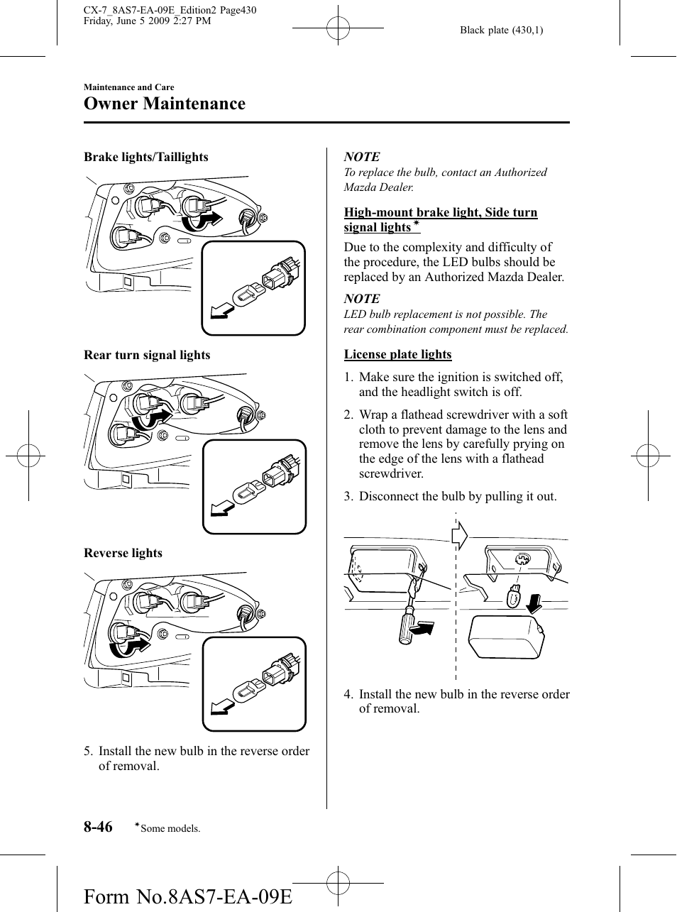 Form no.8as7-ea-09e, Owner maintenance | Mazda 2010 CX-7 User Manual | Page 430 / 510