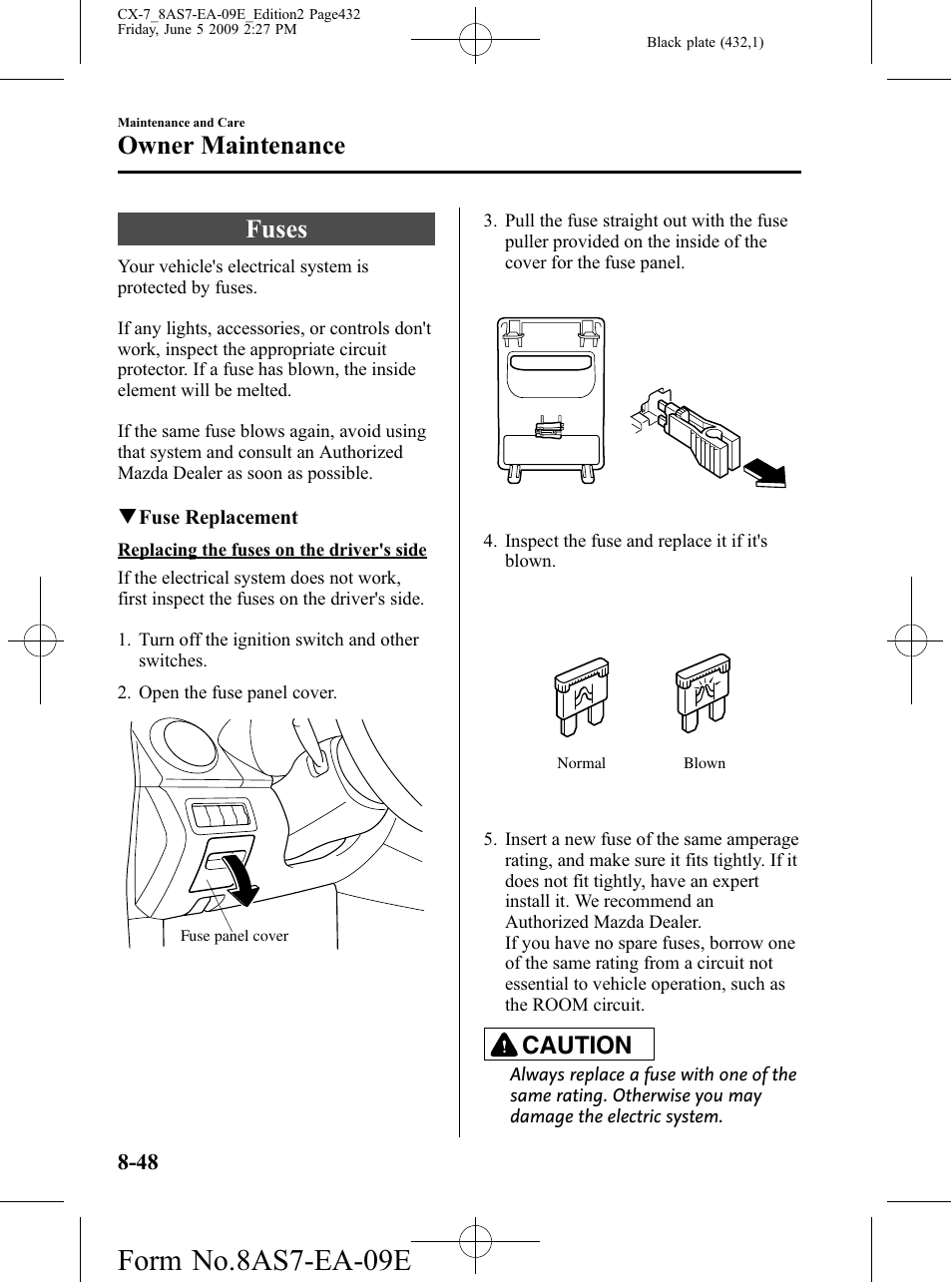 Fuses, Fuses -48, Form no.8as7-ea-09e | Owner maintenance, Caution | Mazda 2010 CX-7 User Manual | Page 432 / 510