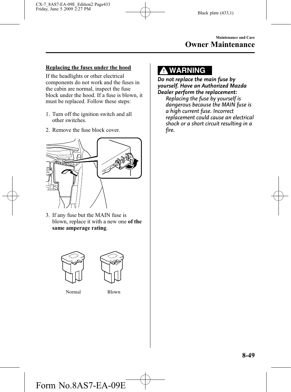 Form no.8as7-ea-09e, Owner maintenance, Warning | Mazda 2010 CX-7 User Manual | Page 433 / 510