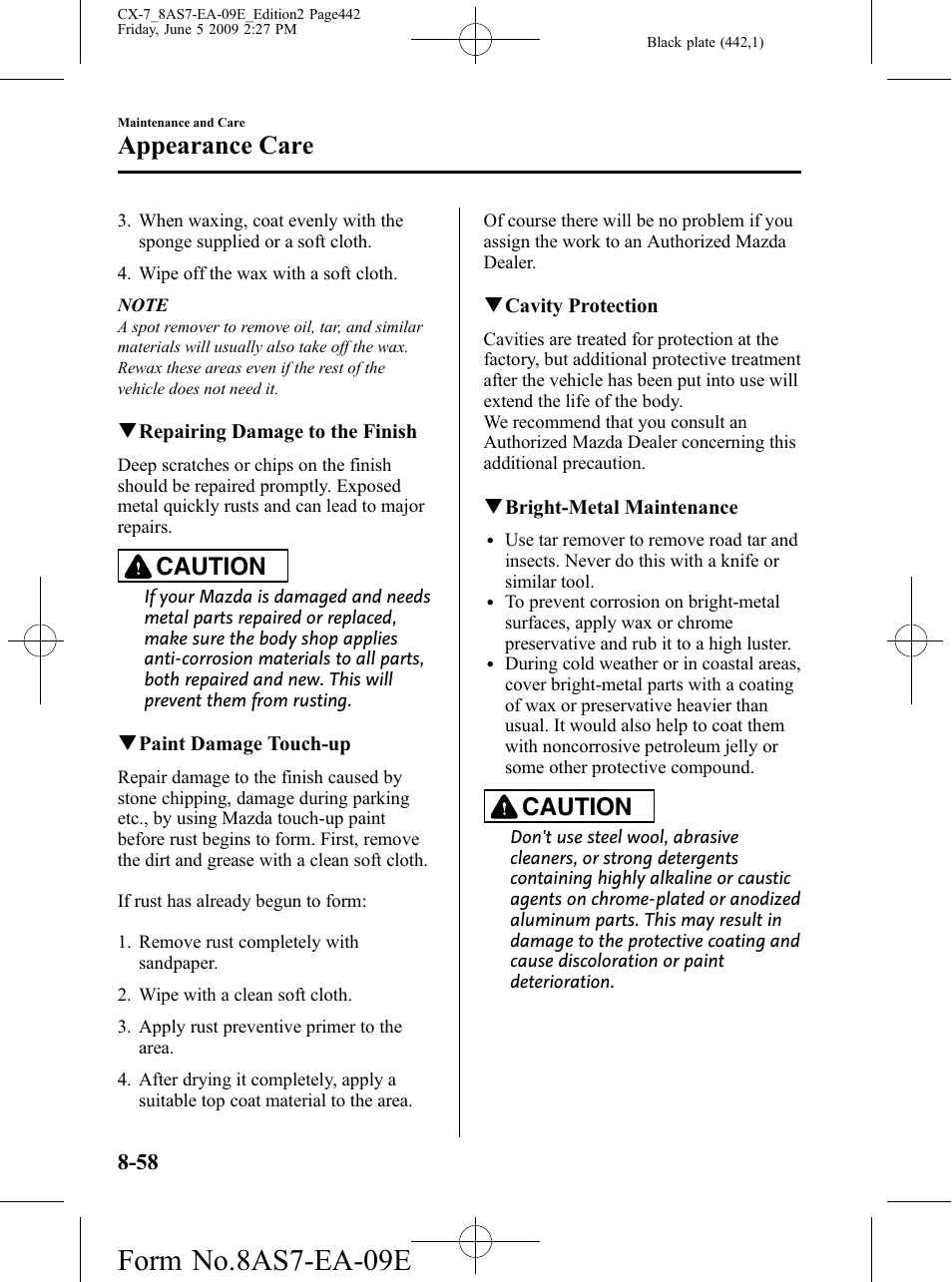 Form no.8as7-ea-09e, Appearance care, Caution | Mazda 2010 CX-7 User Manual | Page 442 / 510