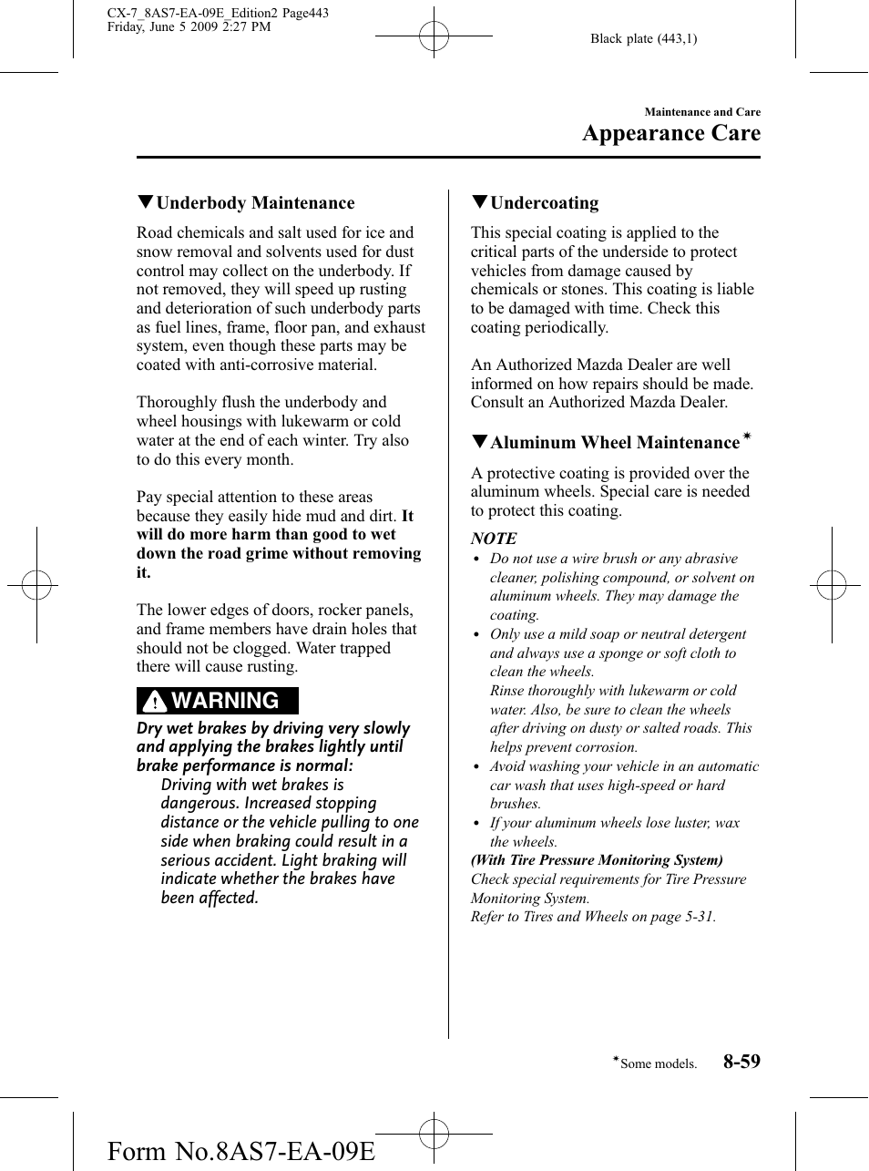 Form no.8as7-ea-09e, Appearance care, Warning | Mazda 2010 CX-7 User Manual | Page 443 / 510