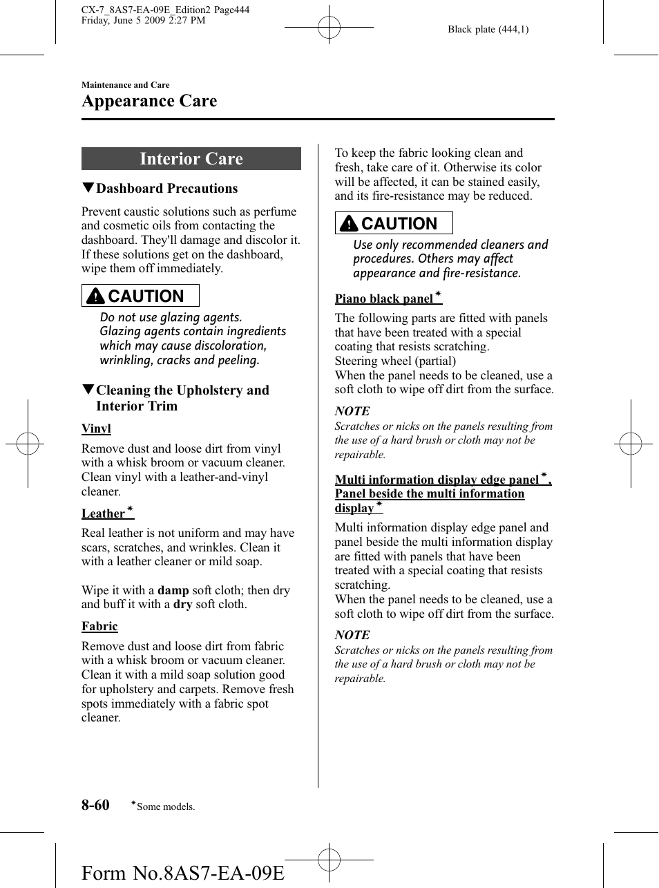 Interior care, Interior care -60, Form no.8as7-ea-09e | Appearance care, Caution | Mazda 2010 CX-7 User Manual | Page 444 / 510