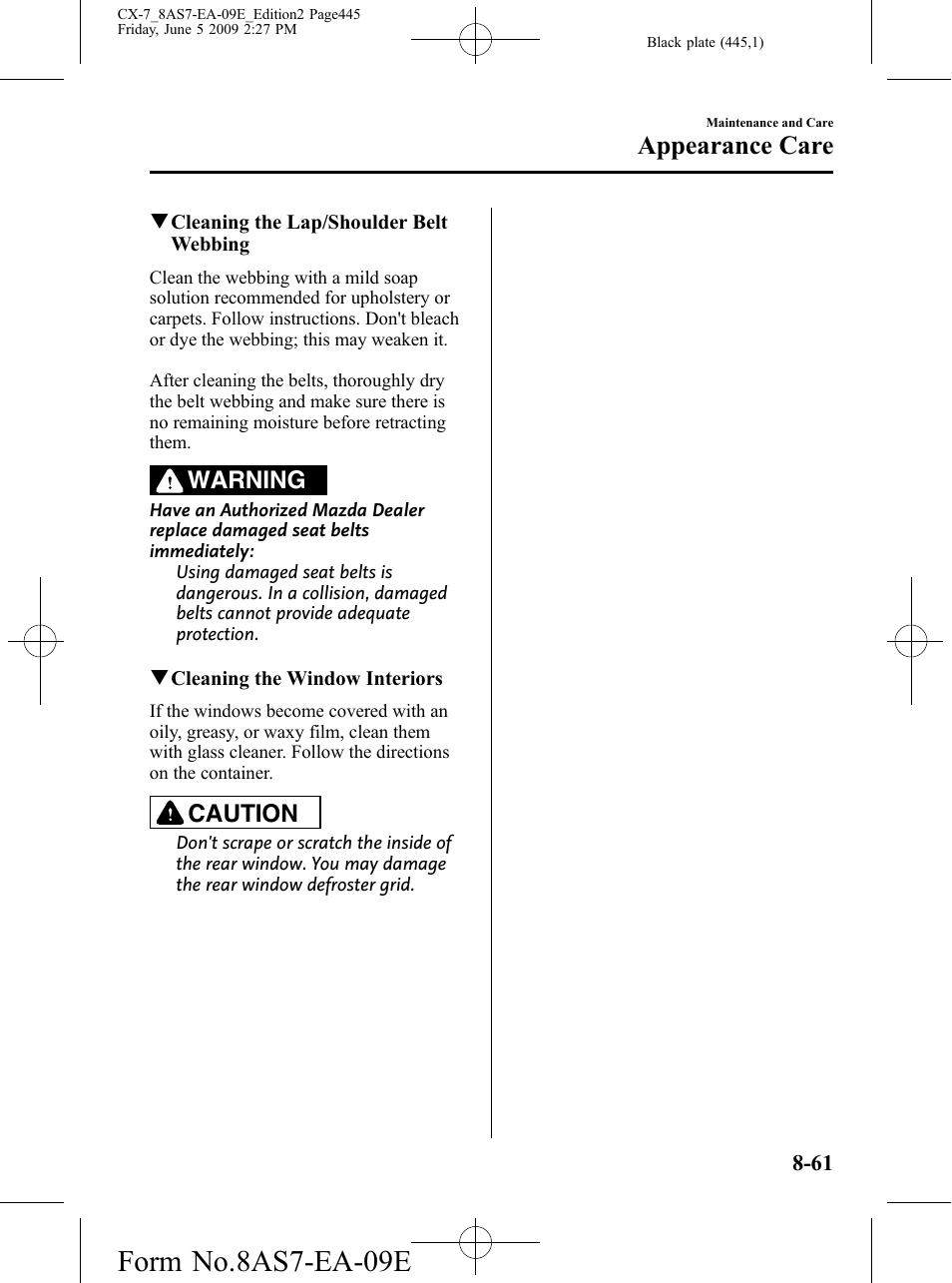 Form no.8as7-ea-09e, Appearance care, Warning | Caution | Mazda 2010 CX-7 User Manual | Page 445 / 510
