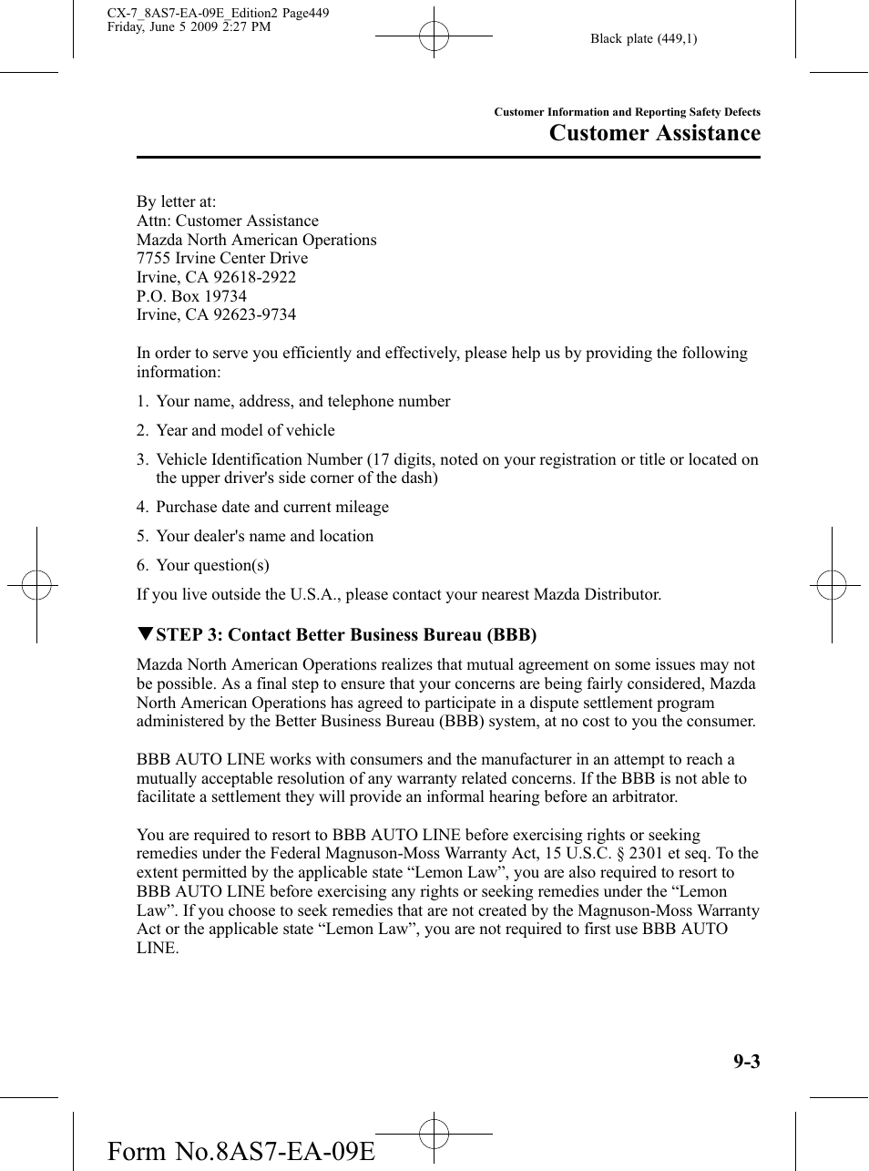 Form no.8as7-ea-09e, Customer assistance | Mazda 2010 CX-7 User Manual | Page 449 / 510