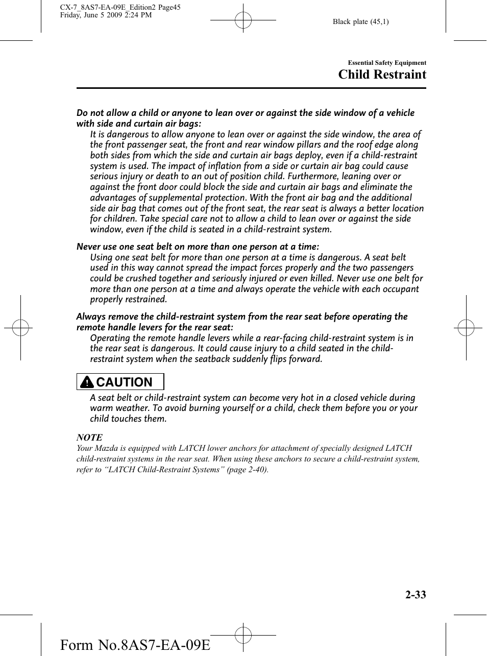 Form no.8as7-ea-09e, Child restraint, Caution | Mazda 2010 CX-7 User Manual | Page 45 / 510