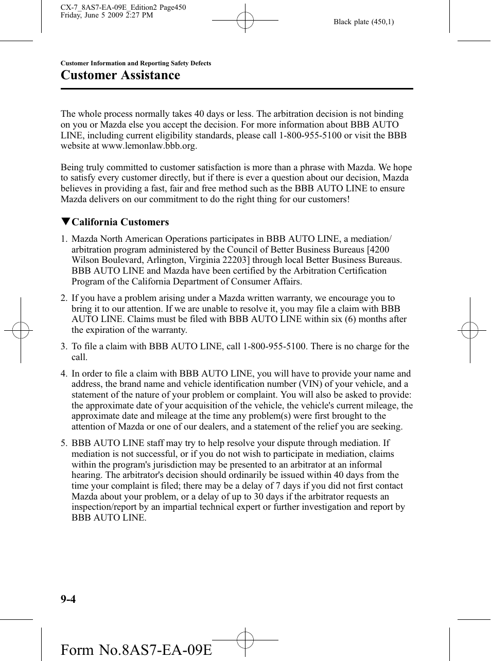 Form no.8as7-ea-09e, Customer assistance | Mazda 2010 CX-7 User Manual | Page 450 / 510