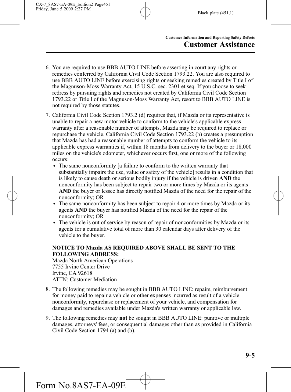 Form no.8as7-ea-09e, Customer assistance | Mazda 2010 CX-7 User Manual | Page 451 / 510
