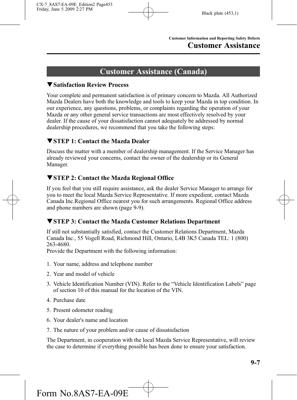 Customer assistance (canada), Customer assistance (canada) -7, Form no.8as7-ea-09e | Customer assistance | Mazda 2010 CX-7 User Manual | Page 453 / 510