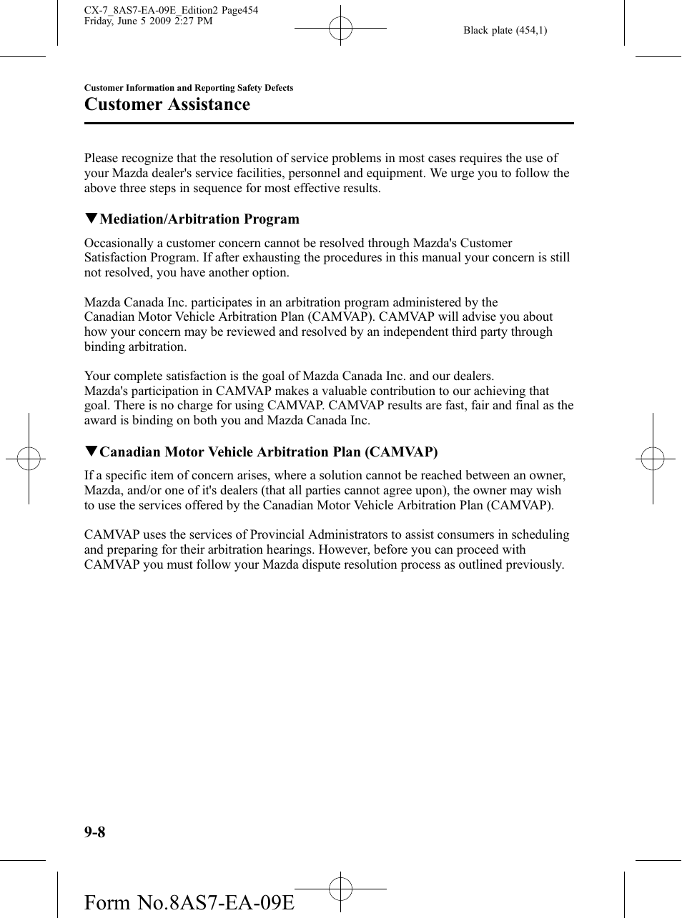 Form no.8as7-ea-09e, Customer assistance | Mazda 2010 CX-7 User Manual | Page 454 / 510