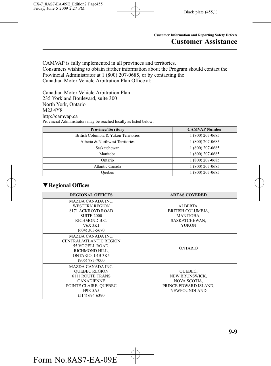 Form no.8as7-ea-09e, Customer assistance, Qregional offices | Mazda 2010 CX-7 User Manual | Page 455 / 510