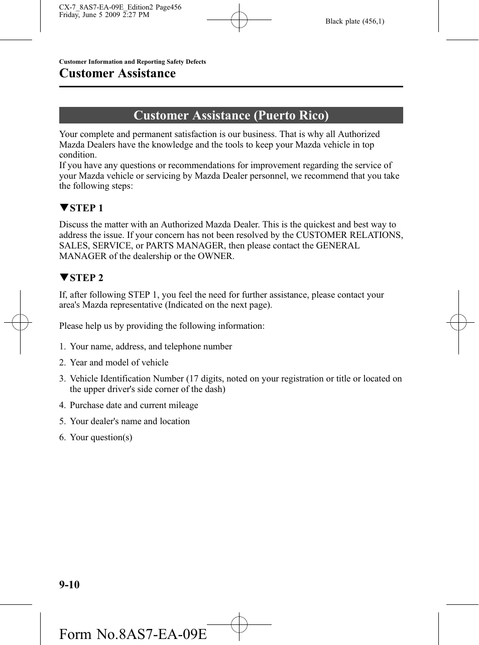 Customer assistance (puerto rico), Customer assistance (puerto rico) -10, Form no.8as7-ea-09e | Customer assistance | Mazda 2010 CX-7 User Manual | Page 456 / 510