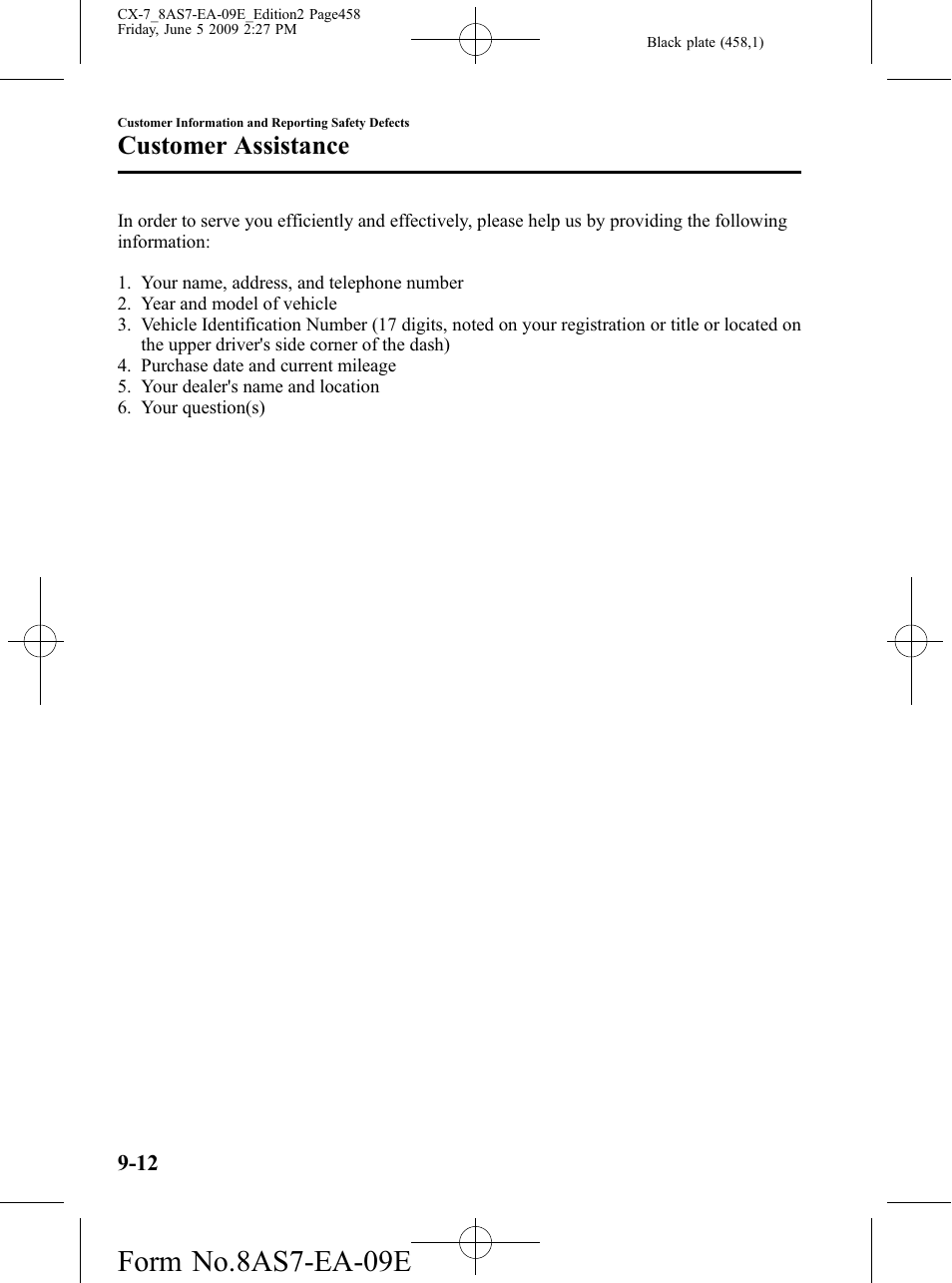 Form no.8as7-ea-09e, Customer assistance | Mazda 2010 CX-7 User Manual | Page 458 / 510