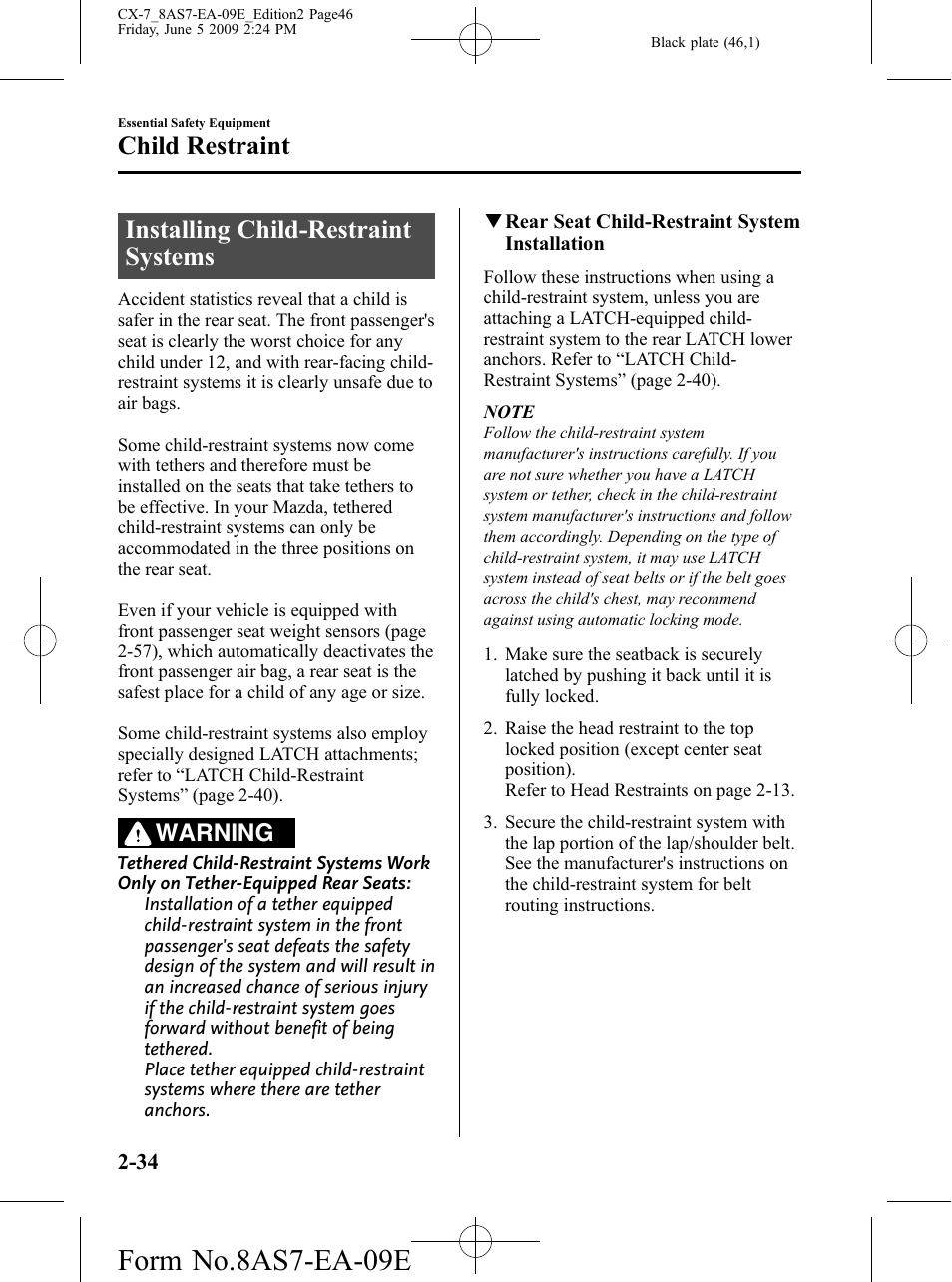 Installing child-restraint systems, Installing child-restraint systems -34, Form no.8as7-ea-09e | Child restraint, Warning | Mazda 2010 CX-7 User Manual | Page 46 / 510