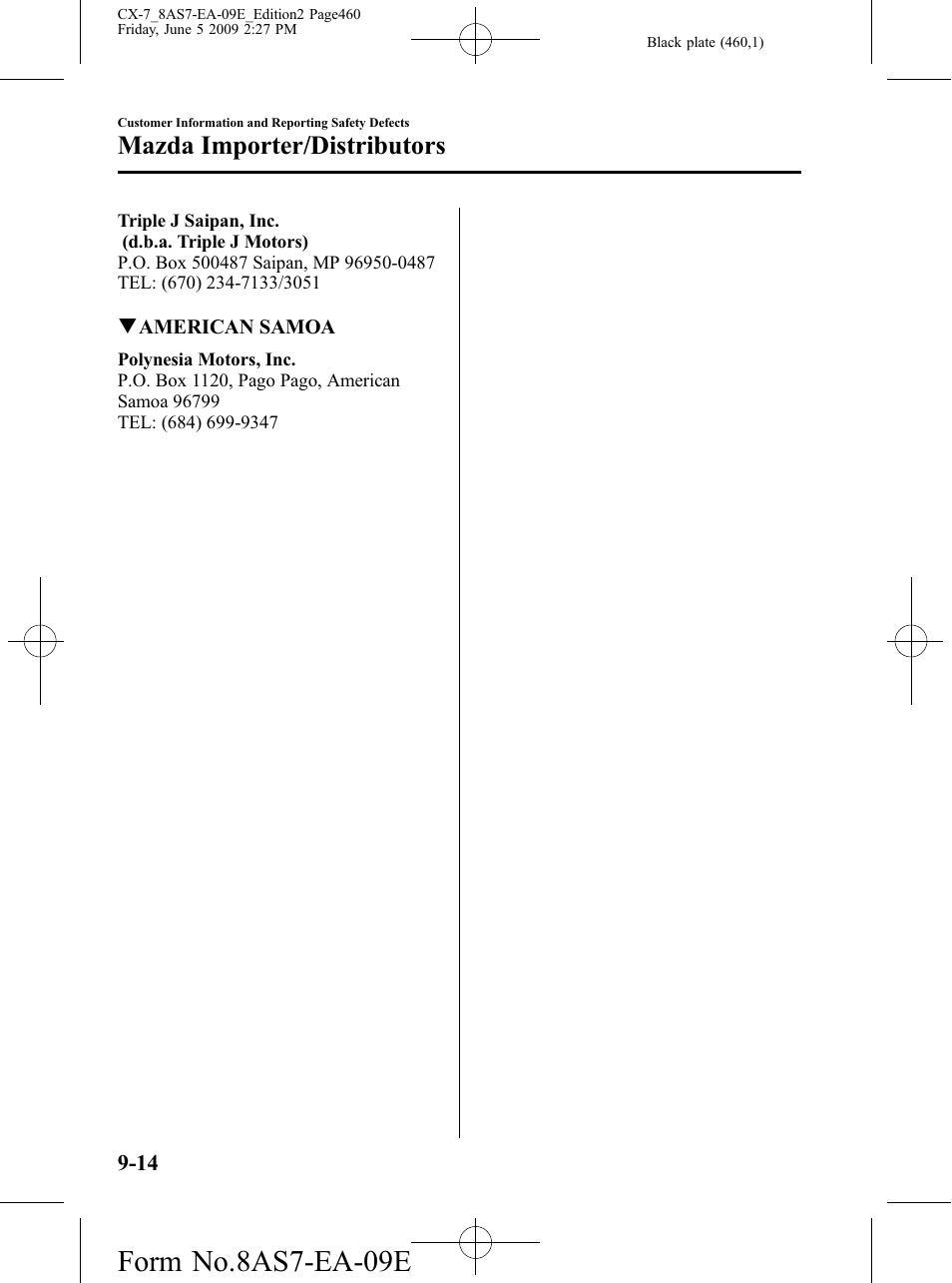 Form no.8as7-ea-09e, Mazda importer/distributors | Mazda 2010 CX-7 User Manual | Page 460 / 510