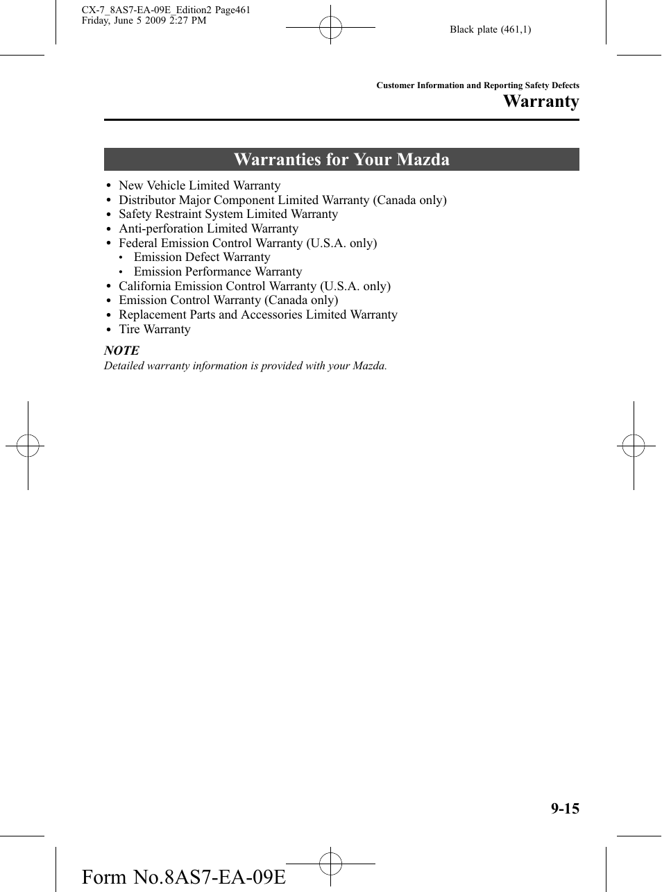 Warranty, Warranties for your mazda, Warranty -15 | Warranties for your mazda -15, Form no.8as7-ea-09e | Mazda 2010 CX-7 User Manual | Page 461 / 510