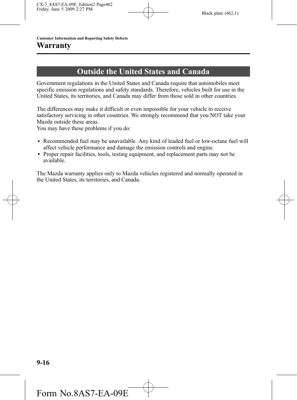 Outside the united states and canada, Outside the united states and canada -16, Form no.8as7-ea-09e | Warranty | Mazda 2010 CX-7 User Manual | Page 462 / 510