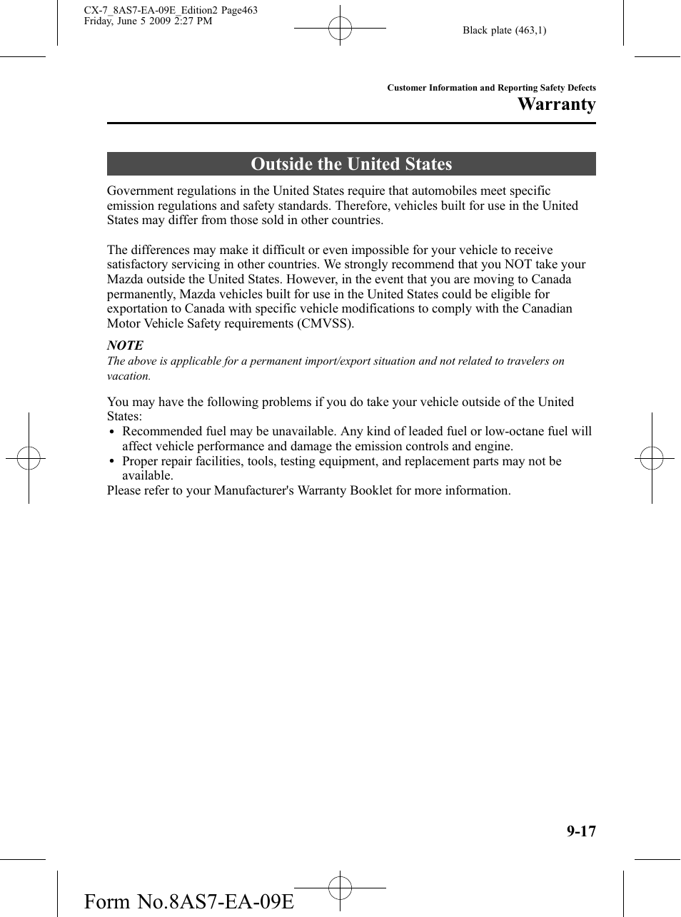 Outside the united states, Outside the united states -17, Form no.8as7-ea-09e | Warranty | Mazda 2010 CX-7 User Manual | Page 463 / 510