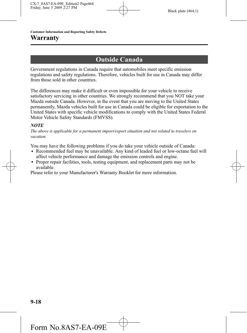 Outside canada, Outside canada -18, Form no.8as7-ea-09e | Warranty | Mazda 2010 CX-7 User Manual | Page 464 / 510
