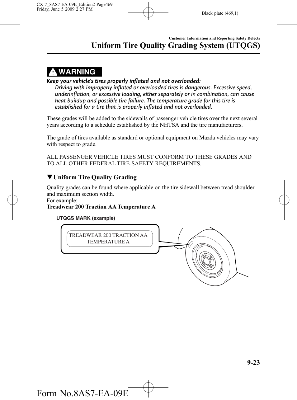 Form no.8as7-ea-09e, Uniform tire quality grading system (utqgs), Warning | Mazda 2010 CX-7 User Manual | Page 469 / 510