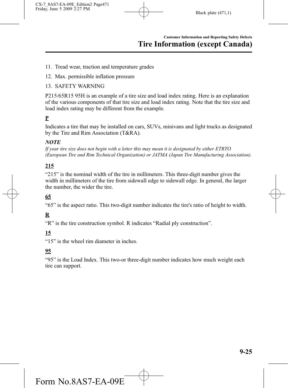 Form no.8as7-ea-09e, Tire information (except canada) | Mazda 2010 CX-7 User Manual | Page 471 / 510