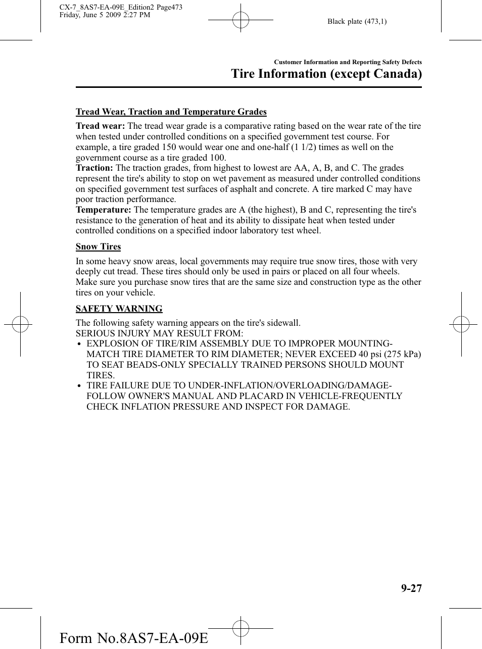 Form no.8as7-ea-09e, Tire information (except canada) | Mazda 2010 CX-7 User Manual | Page 473 / 510