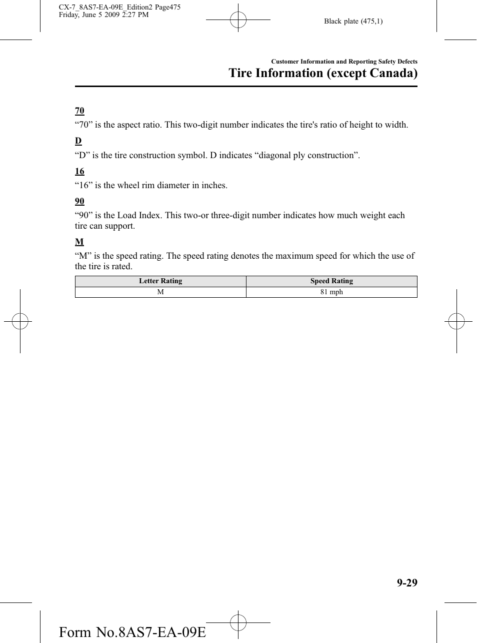 Form no.8as7-ea-09e, Tire information (except canada) | Mazda 2010 CX-7 User Manual | Page 475 / 510