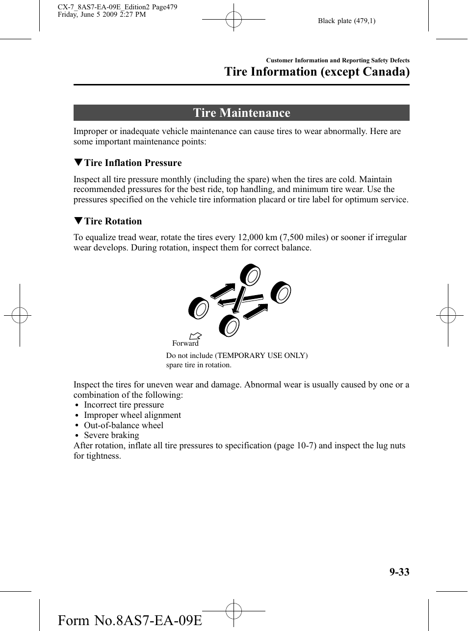 Tire maintenance, Tire maintenance -33, Form no.8as7-ea-09e | Tire information (except canada) | Mazda 2010 CX-7 User Manual | Page 479 / 510